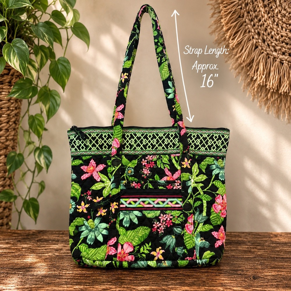 Vera Bradley Tote Bag Womens Black Floral Quilted Cotton Shoulder Bag Tropical